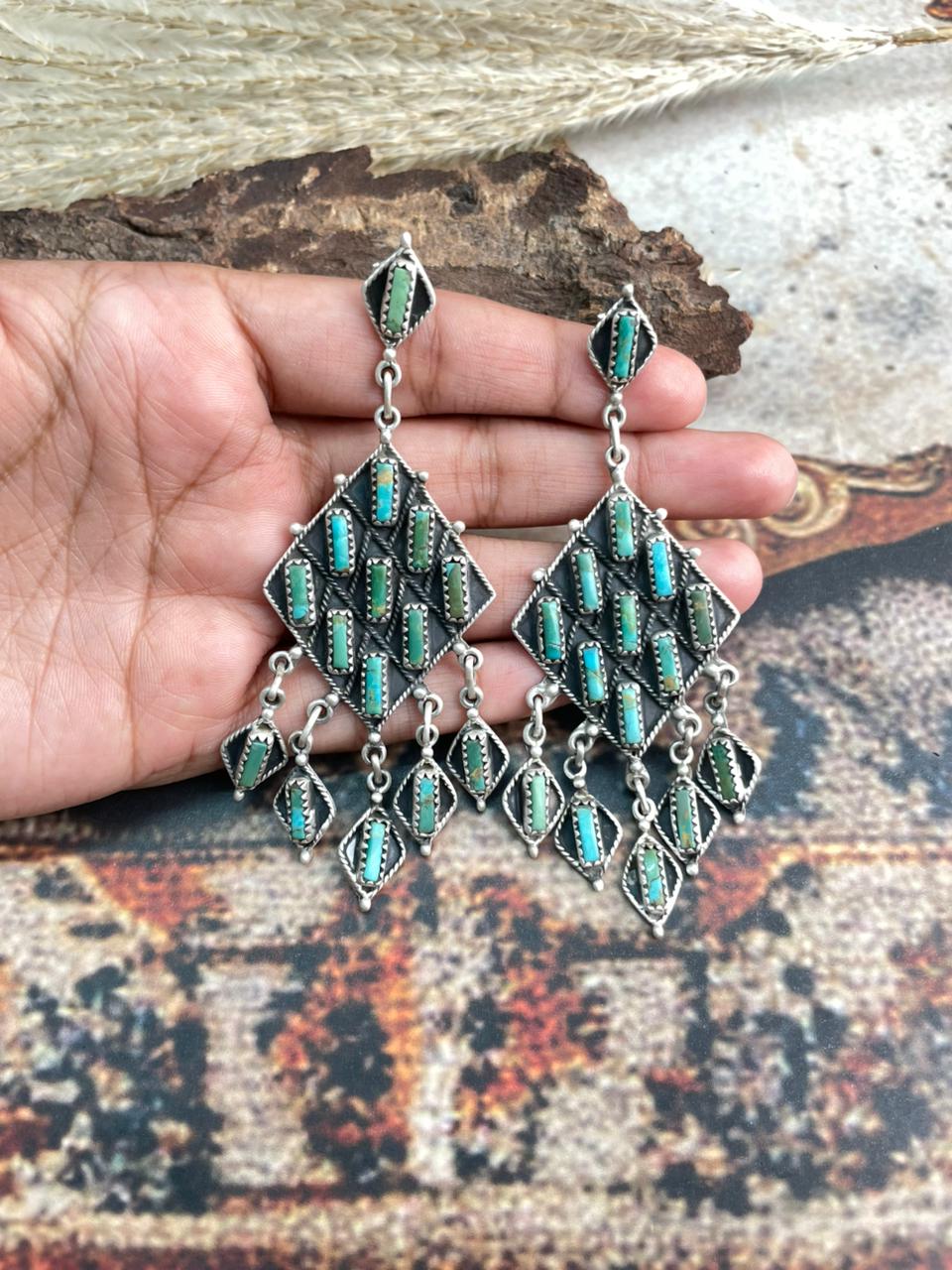 Handmade Sterling Silver Needle Collection: Kingman Turquoise Post Dangle Earrings "Signed Nizhoni"
