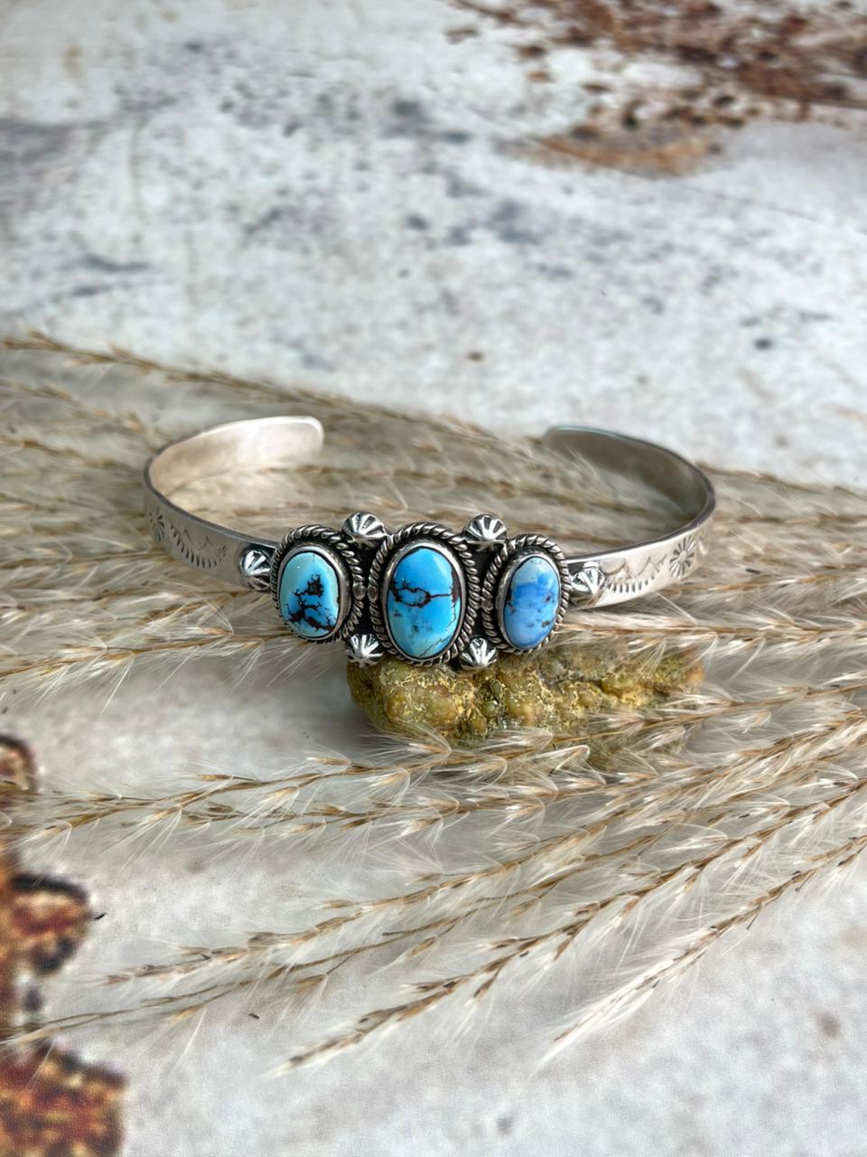 Handmade Golden Hills Turquoise & Sterling Silver Cuff Bracelet "Signed Nizhoni"