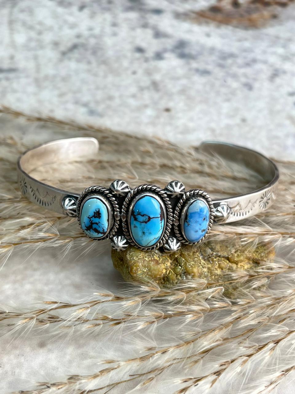 Handmade Golden Hills Turquoise & Sterling Silver Cuff Bracelet "Signed Nizhoni"