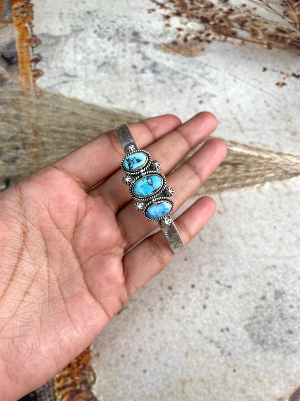 Handmade Golden Hills Turquoise & Sterling Silver Cuff Bracelet "Signed Nizhoni"