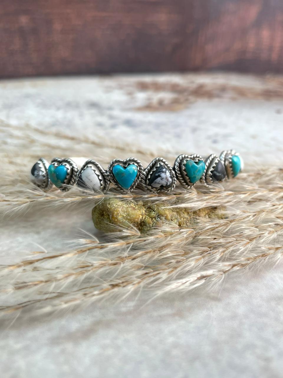 Handmade Kingman Turquoise with White Buffalo & Sterling Silver Cuff Bracelet "Signed Nizhoni"