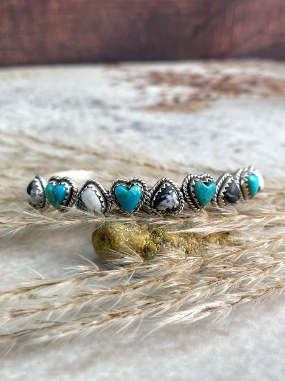 Handmade Kingman Turquoise with White Buffalo & Sterling Silver Cuff Bracelet "Signed Nizhoni"