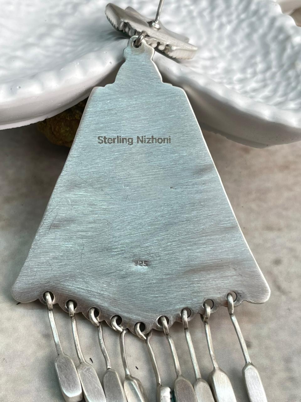 Handmade Sterling Silver Needle Collection: Kingman Turquoise Post Dangle Earrings "Signed Nizhoni"