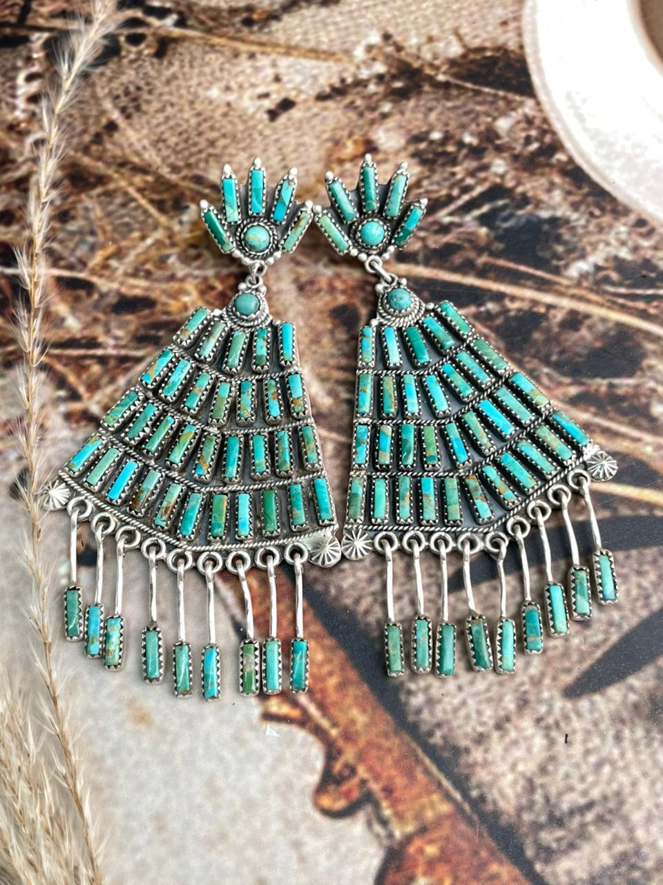 Handmade Sterling Silver Needle Collection: Kingman Turquoise Post Dangle Earrings "Signed Nizhoni"
