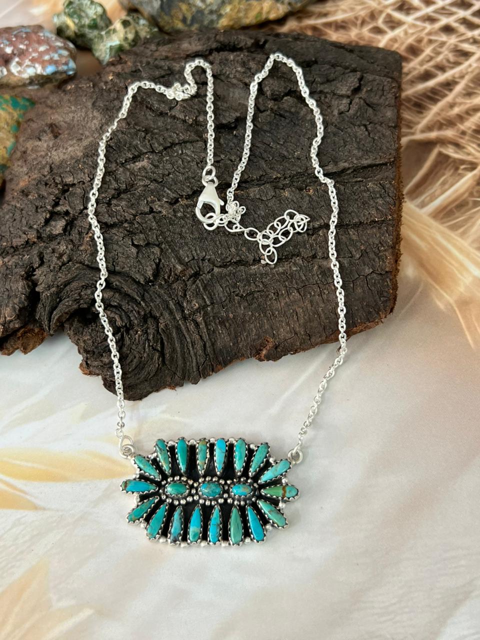 Handmade Sterling Silver Needle Collection: Kingman Turquoise Necklace "Signed Nizhoni"