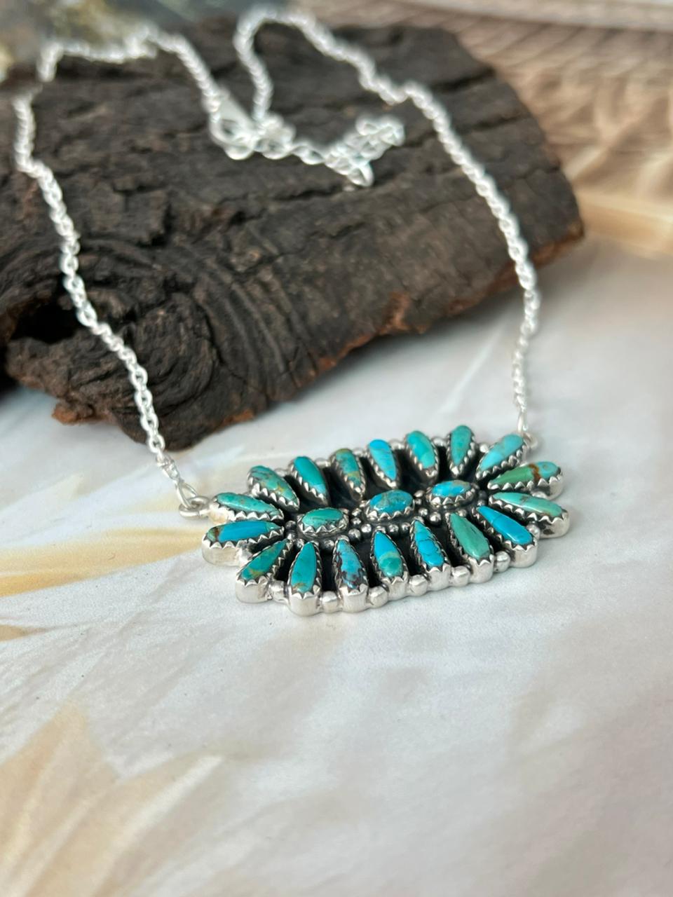Handmade Sterling Silver Needle Collection: Kingman Turquoise Necklace "Signed Nizhoni"