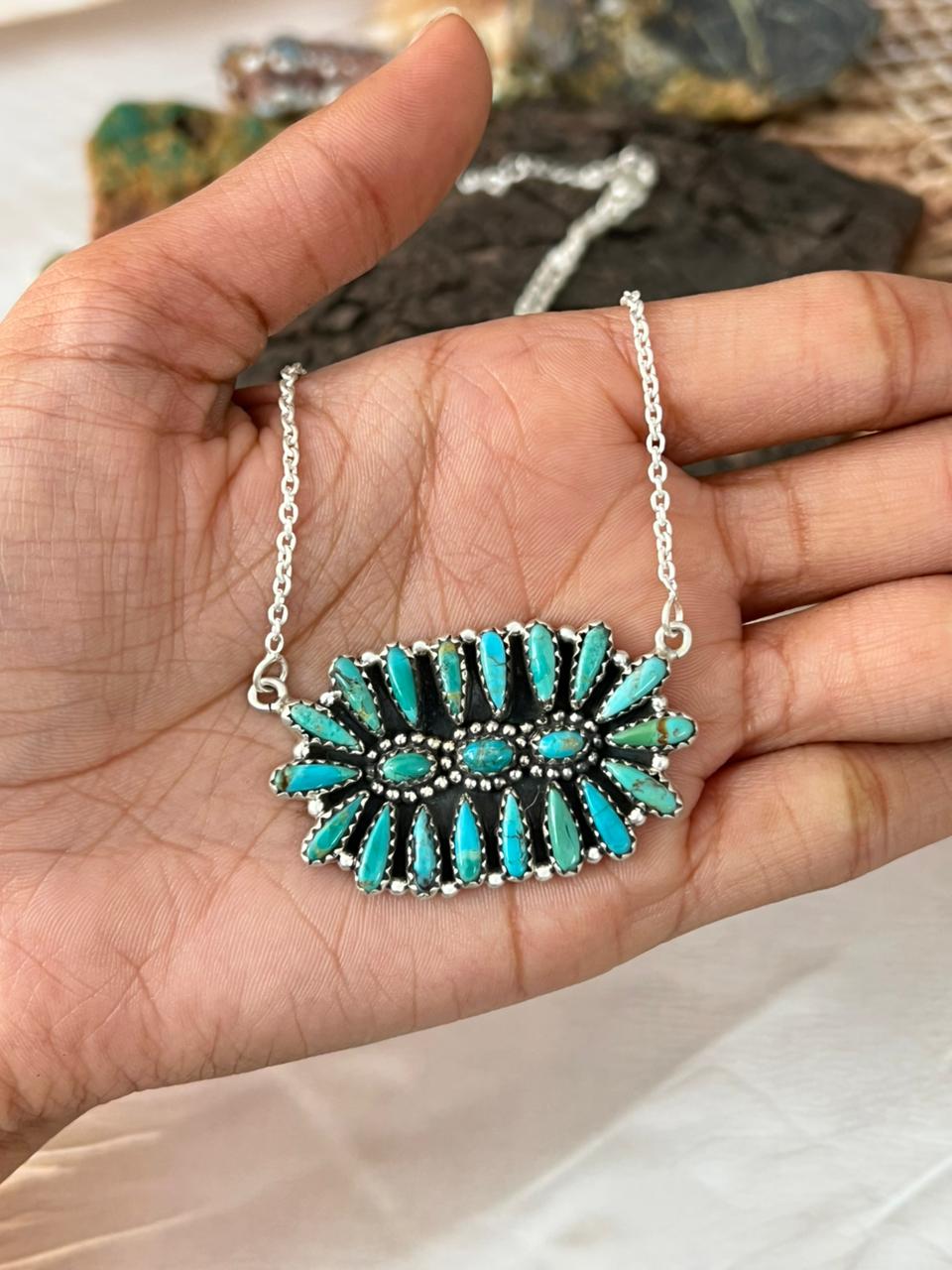 Handmade Sterling Silver Needle Collection: Kingman Turquoise Necklace "Signed Nizhoni"