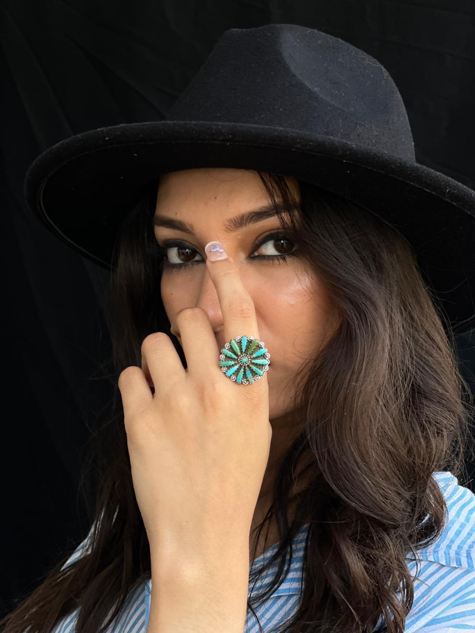 Handmade Sterling Silver Needle Collection: Kingman Turquoise Adjustable Ring "Signed Nizhoni"