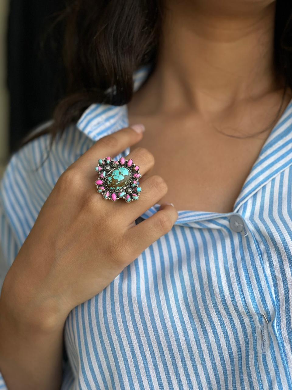 Handmade Sterling Silver Number 8 with Cotton Candy Adjustable Ring "Signed Nizhoni"