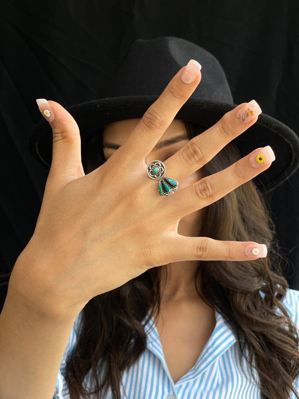 Handmade Sterling Silver Needle Collection: Kingman Turquoise Adjustable Ring "Signed Nizhoni"