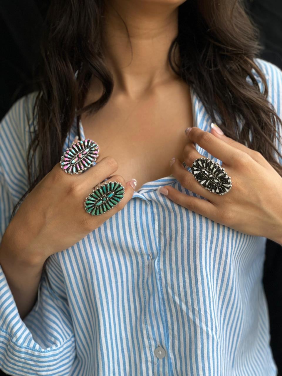 Handmade Sterling Silver Kingman, White Buffalo and Cotton Candy Adjustable Ring "Signed Nizhoni"