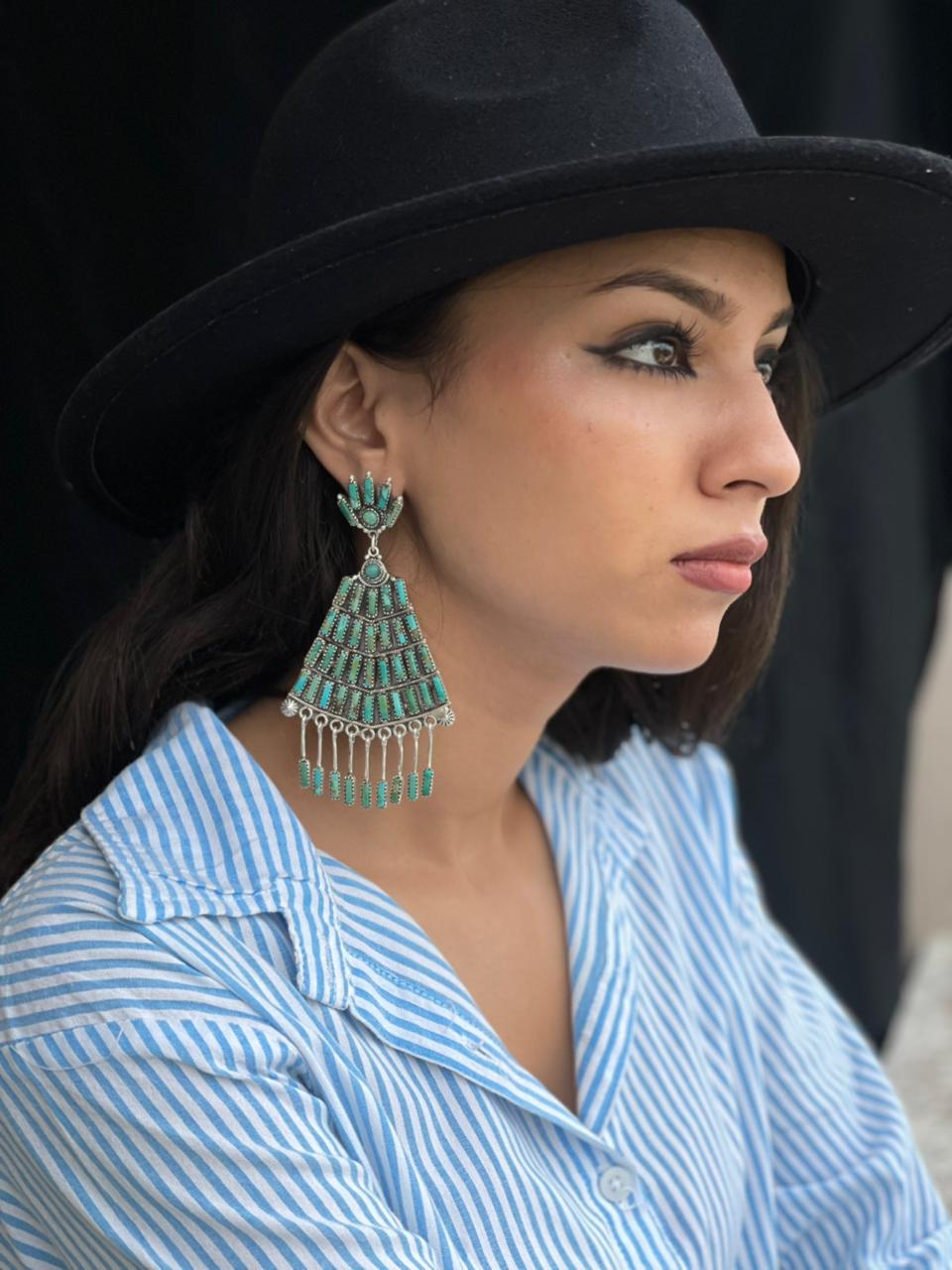 Handmade Sterling Silver Needle Collection: Kingman Turquoise Post Dangle Earrings "Signed Nizhoni"