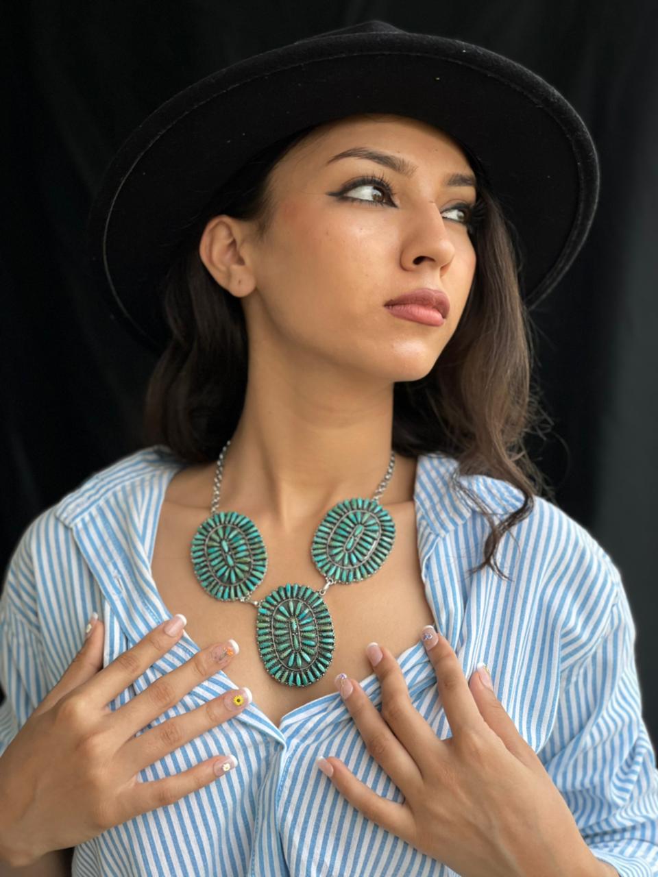 Handmade Sterling Silver Needle Collection: Kingman Turquoise Necklace "Signed Nizhoni"