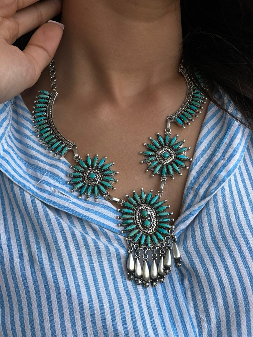 Handmade Sterling Silver Needle Collection: Kingman Turquoise Necklace "Signed Nizhoni"