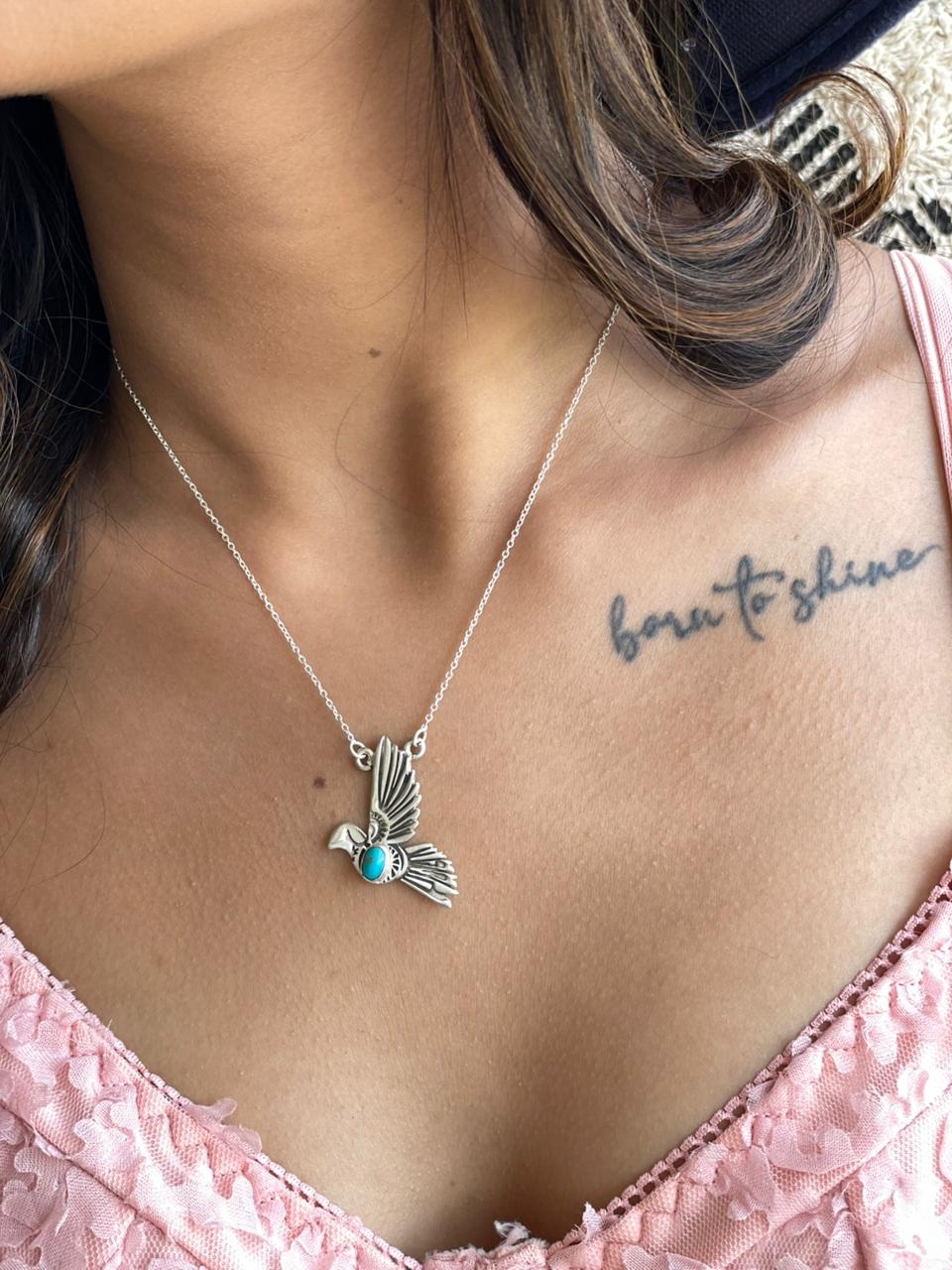 Handmade Sterling Silver Kingman Turquoise Thunder Bird Necklace "Signed Nizhoni"