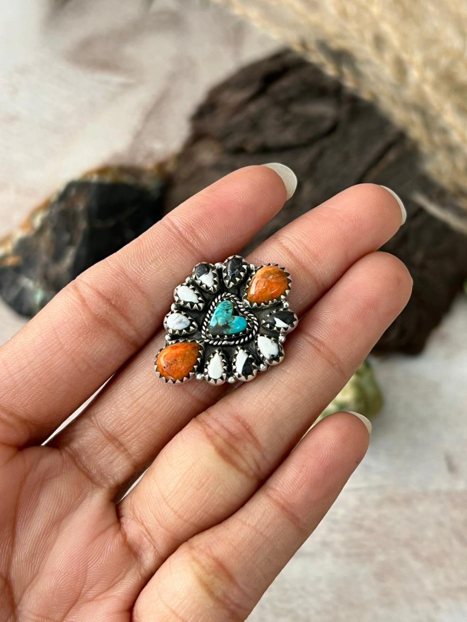 Handmade Sterling Silver Kingman with Orange Mojave and White Buffalo Adjustable Heart Ring "Signed Nizhoni"