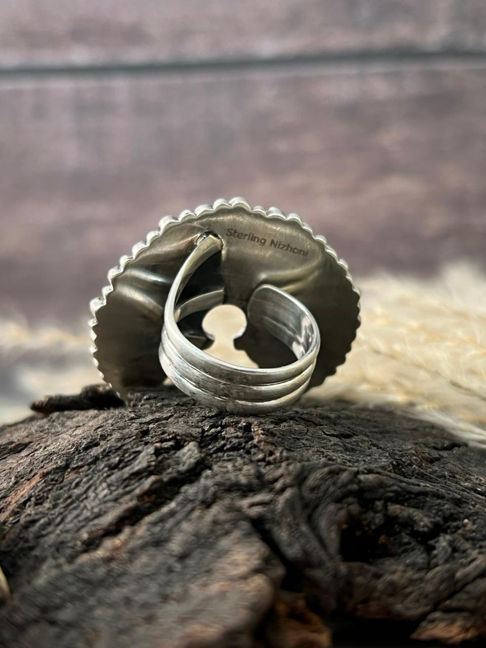 Handmade Sterling Silver White Buffalo Naja Adjustable Ring "Signed Nizhoni"