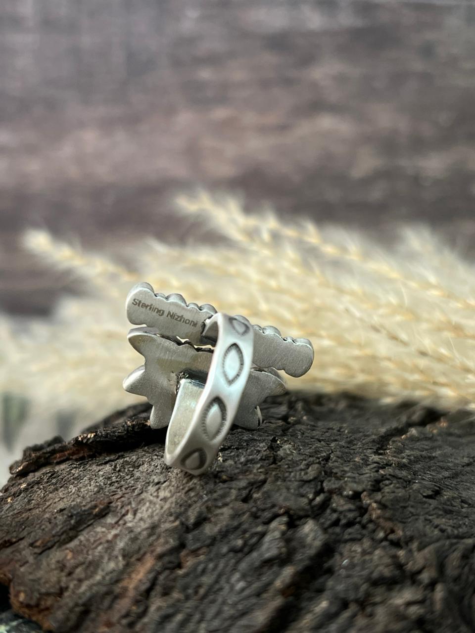 Handmade Sterling Silver Kingman Turquoise Adjustable Ring "Signed Nizhoni"