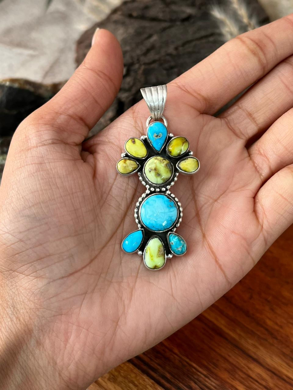 Handmade Sterling Silver Palomino with White Water Turquoise Collection: Pendant "Signed Nizhoni"