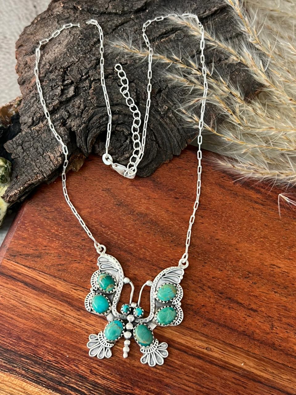 Handmade Sterling Silver Kingman Turquoise Butterfly Necklace "Signed Nizhoni"