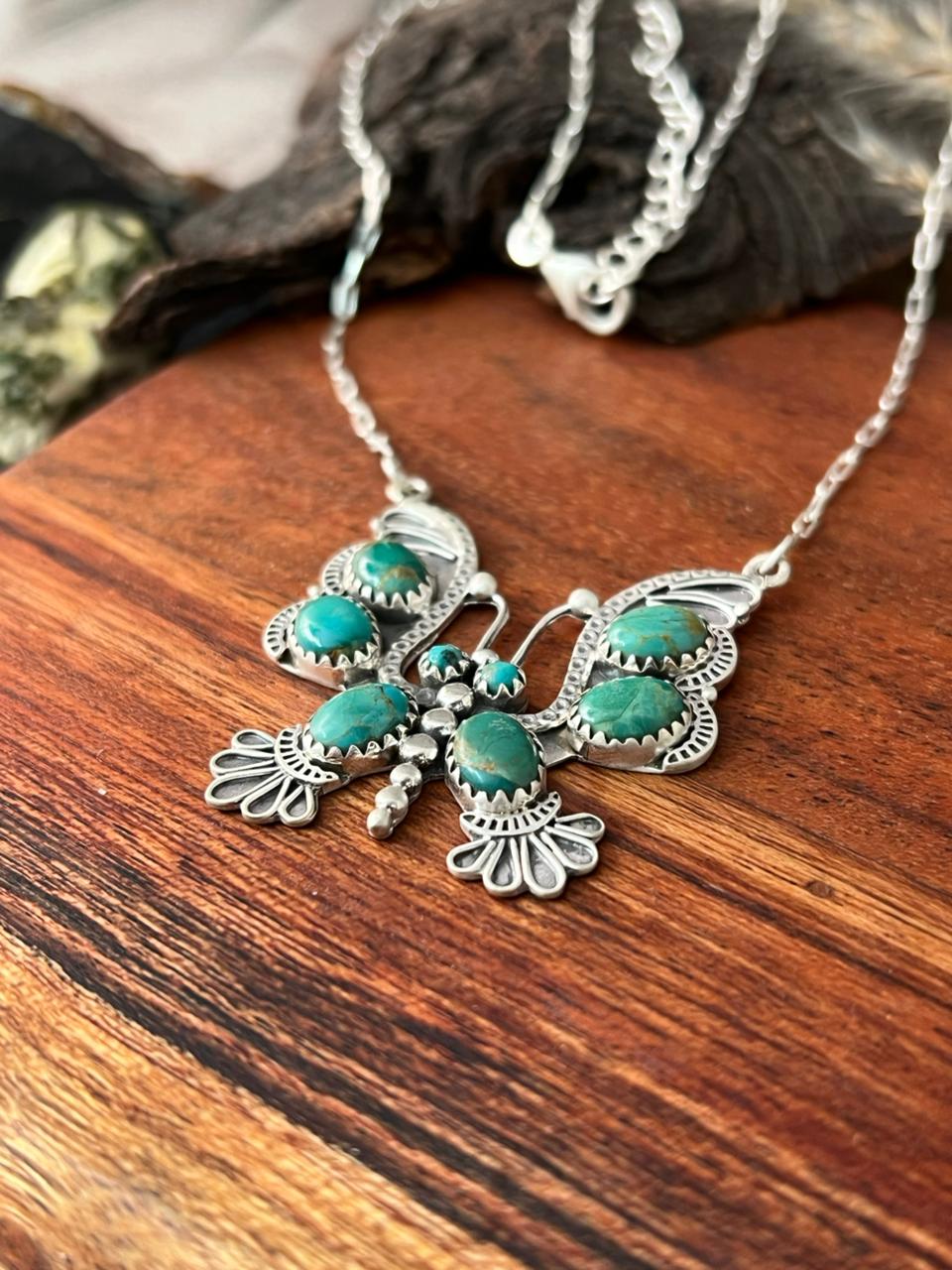 Handmade Sterling Silver Kingman Turquoise Butterfly Necklace "Signed Nizhoni"