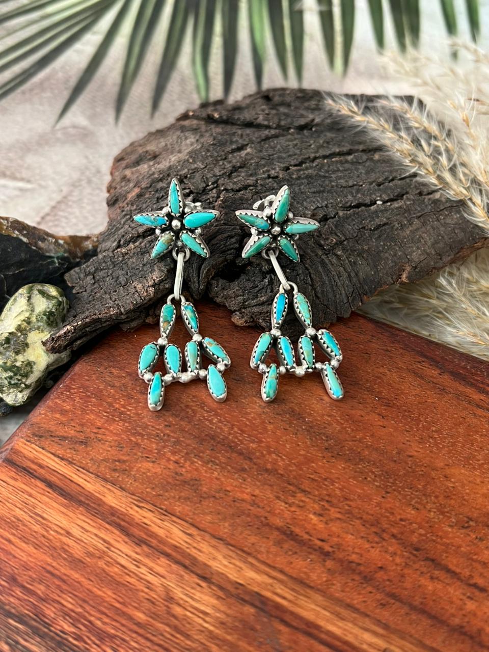 Handmade Sterling Silver Kingman Turquoise Post Dangle Earrings "Signed Nizhoni"