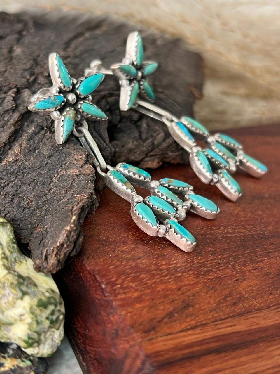 Handmade Sterling Silver Kingman Turquoise Post Dangle Earrings "Signed Nizhoni"