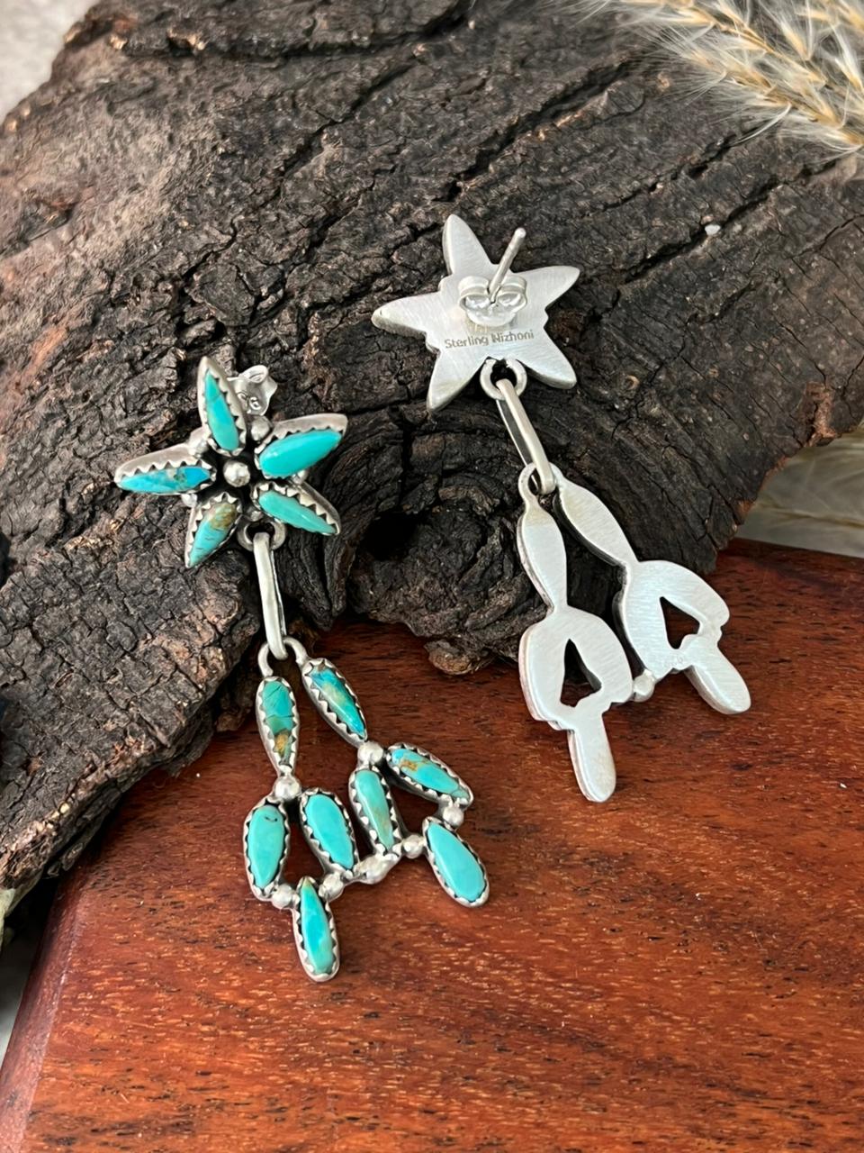 Handmade Sterling Silver Kingman Turquoise Post Dangle Earrings "Signed Nizhoni"
