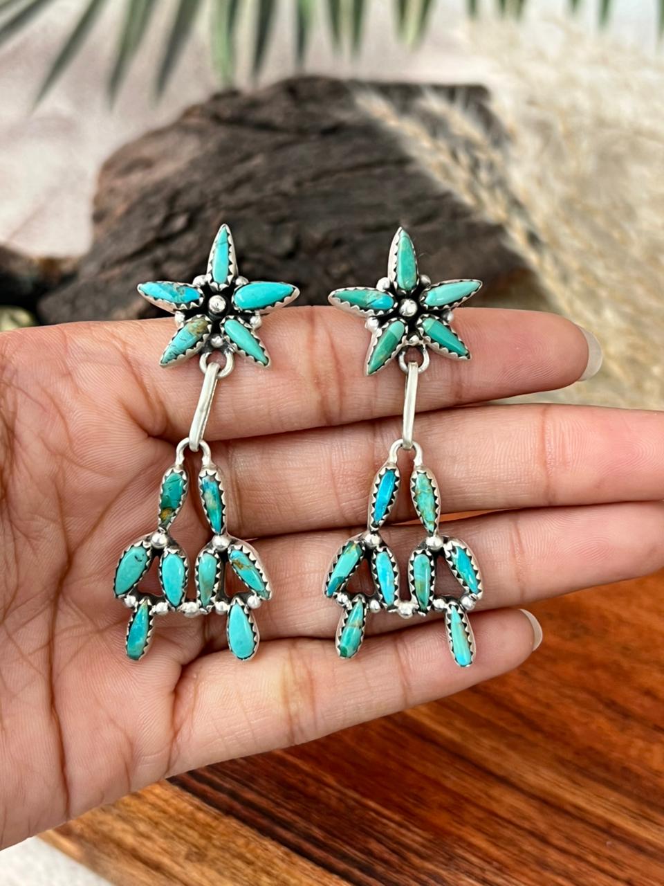 Handmade Sterling Silver Kingman Turquoise Post Dangle Earrings "Signed Nizhoni"
