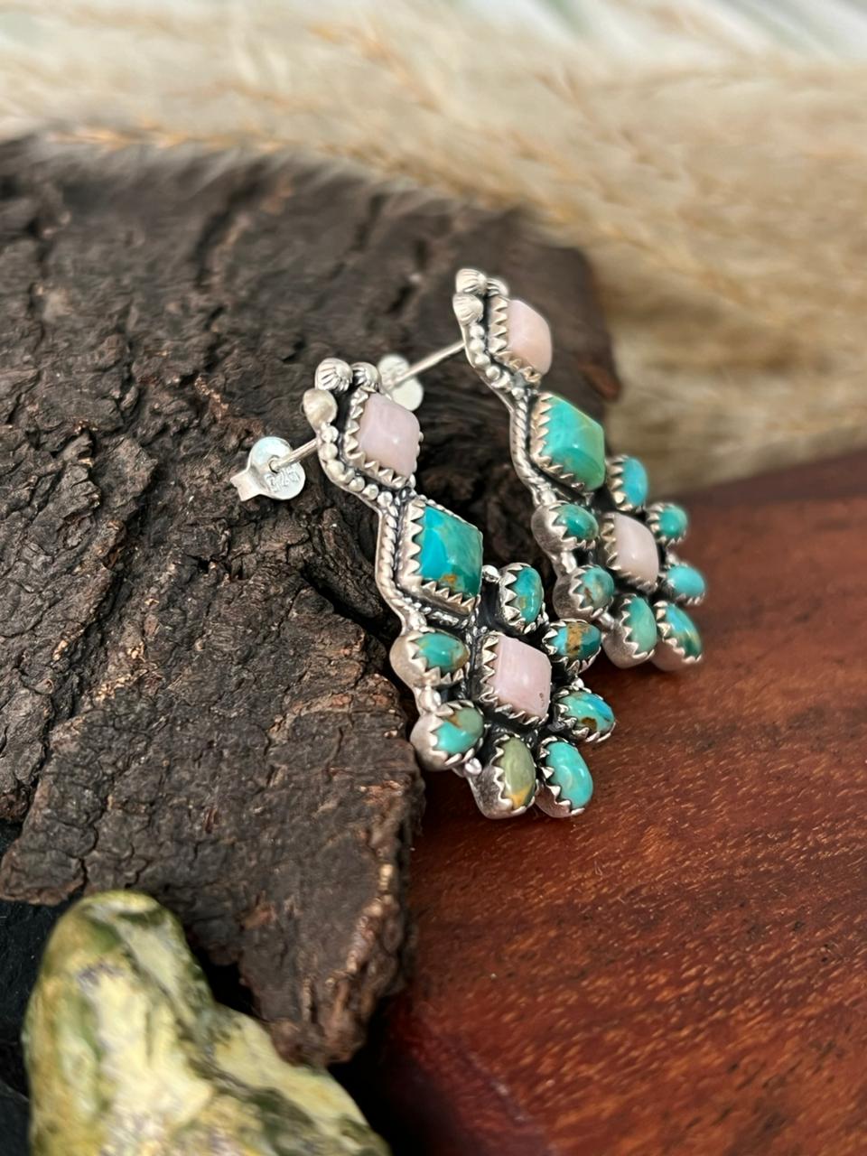 Handmade Sterling Silver Kingman Turquoise with Pink Opal Post Earrings "Signed Nizhoni"