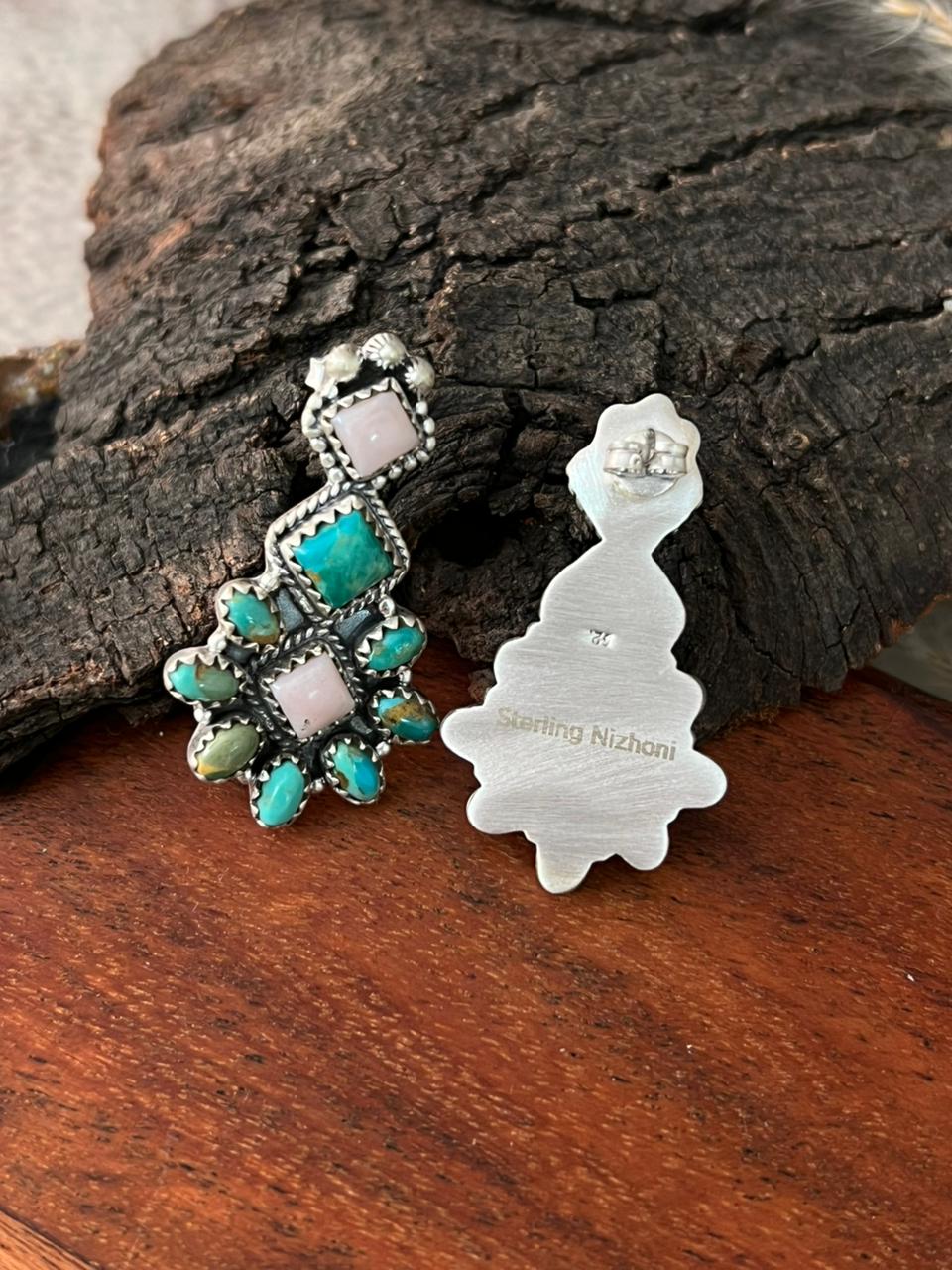 Handmade Sterling Silver Kingman Turquoise with Pink Opal Post Earrings "Signed Nizhoni"