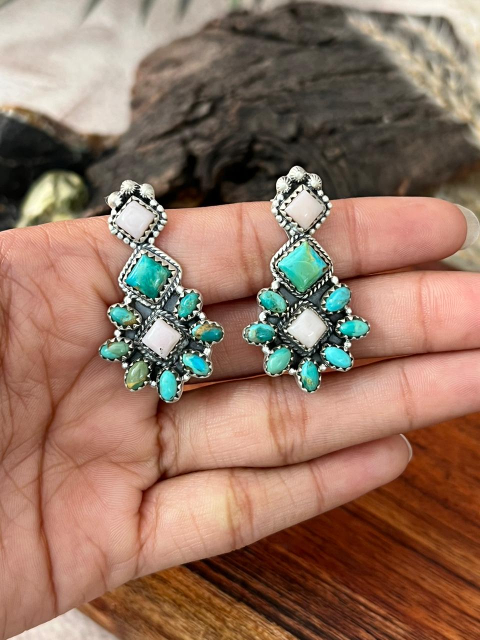Handmade Sterling Silver Kingman Turquoise with Pink Opal Post Earrings "Signed Nizhoni"