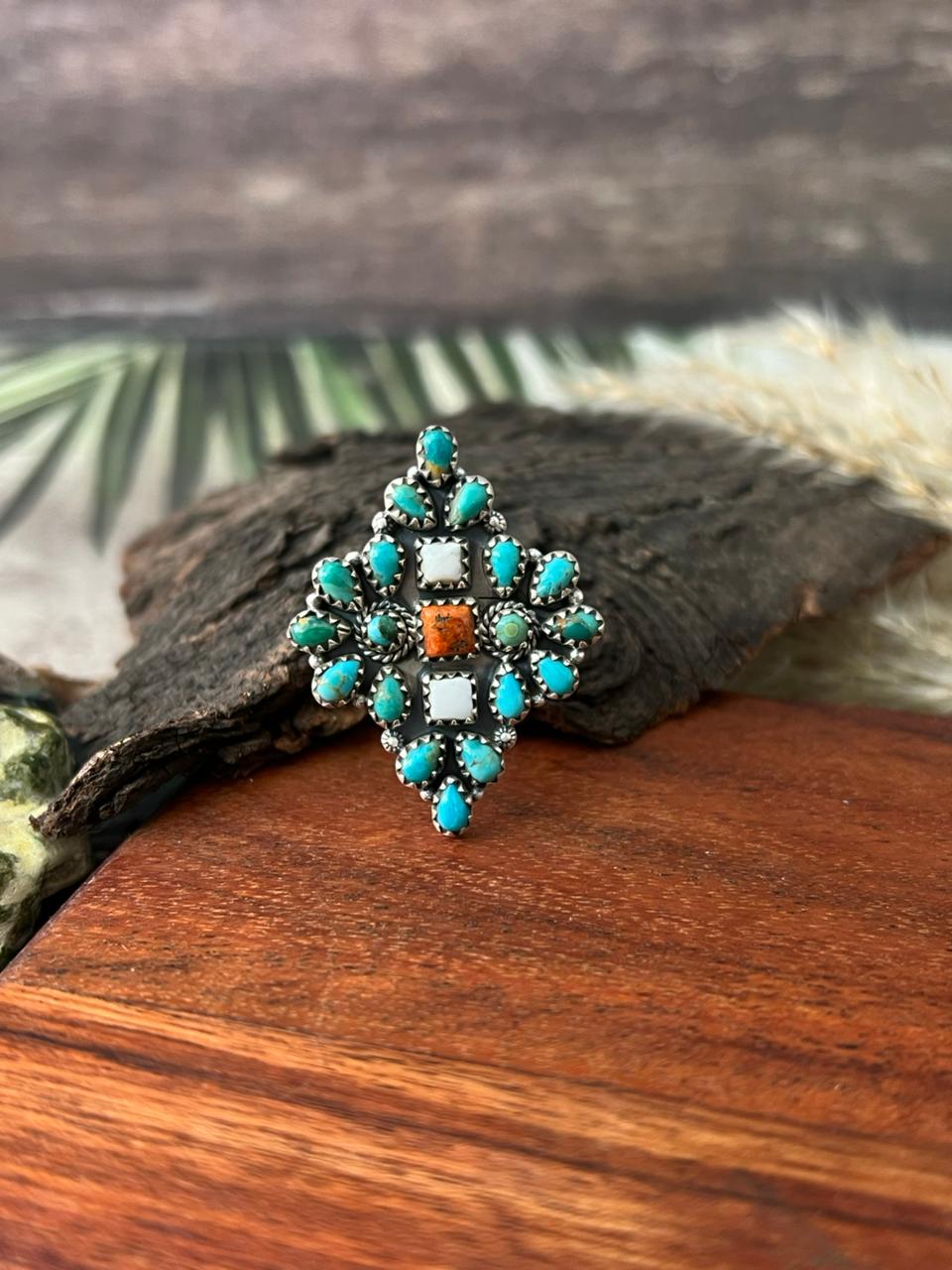 Handmade Sterling Silver Kingman with Orange Mojave and White Buffalo Adjustable Ring "Signed Nizhoni"