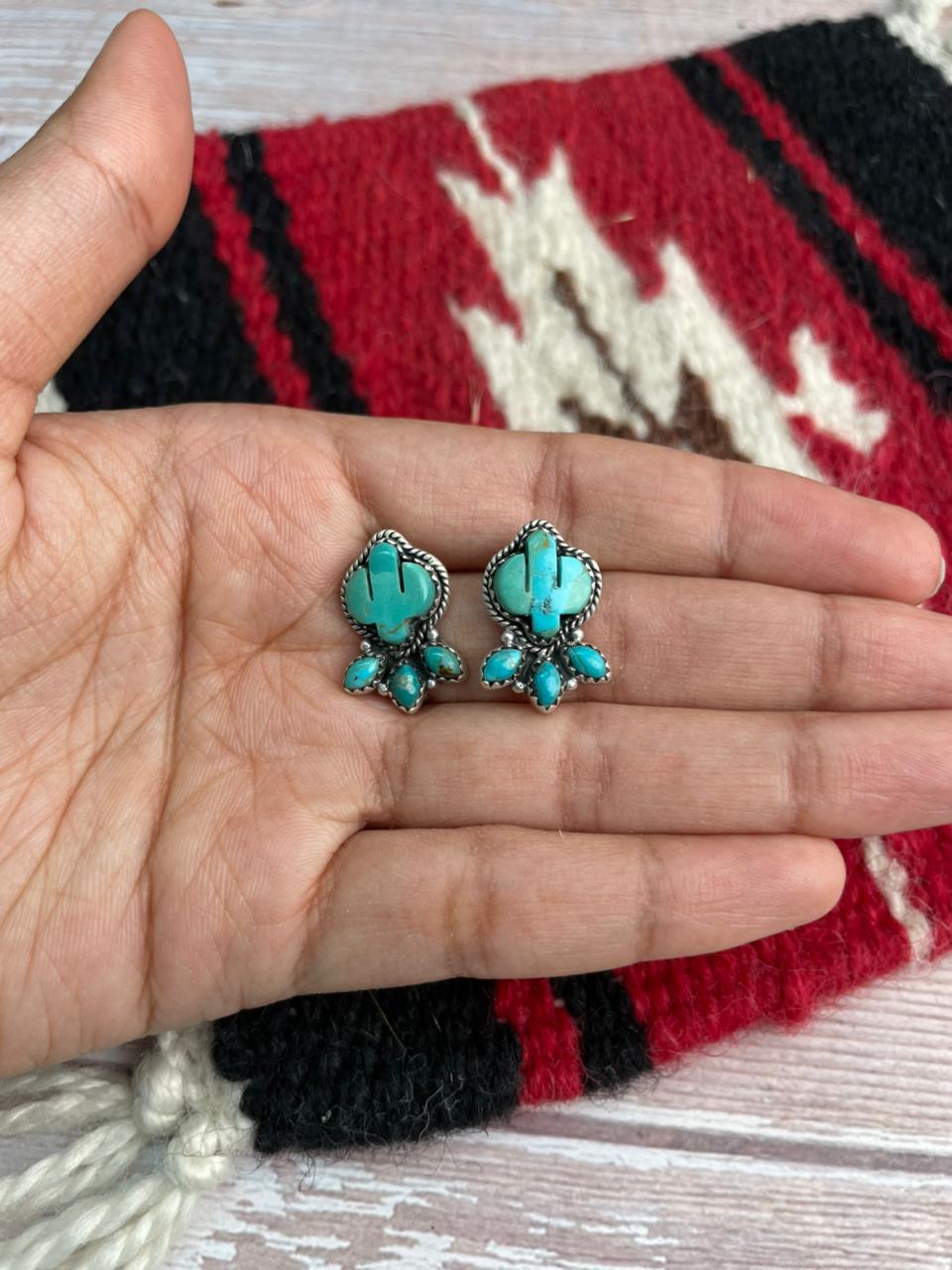 Handmade Sterling Silver Kingman Turquoise Post Studs Cactus Earrings "Signed Nizhoni"