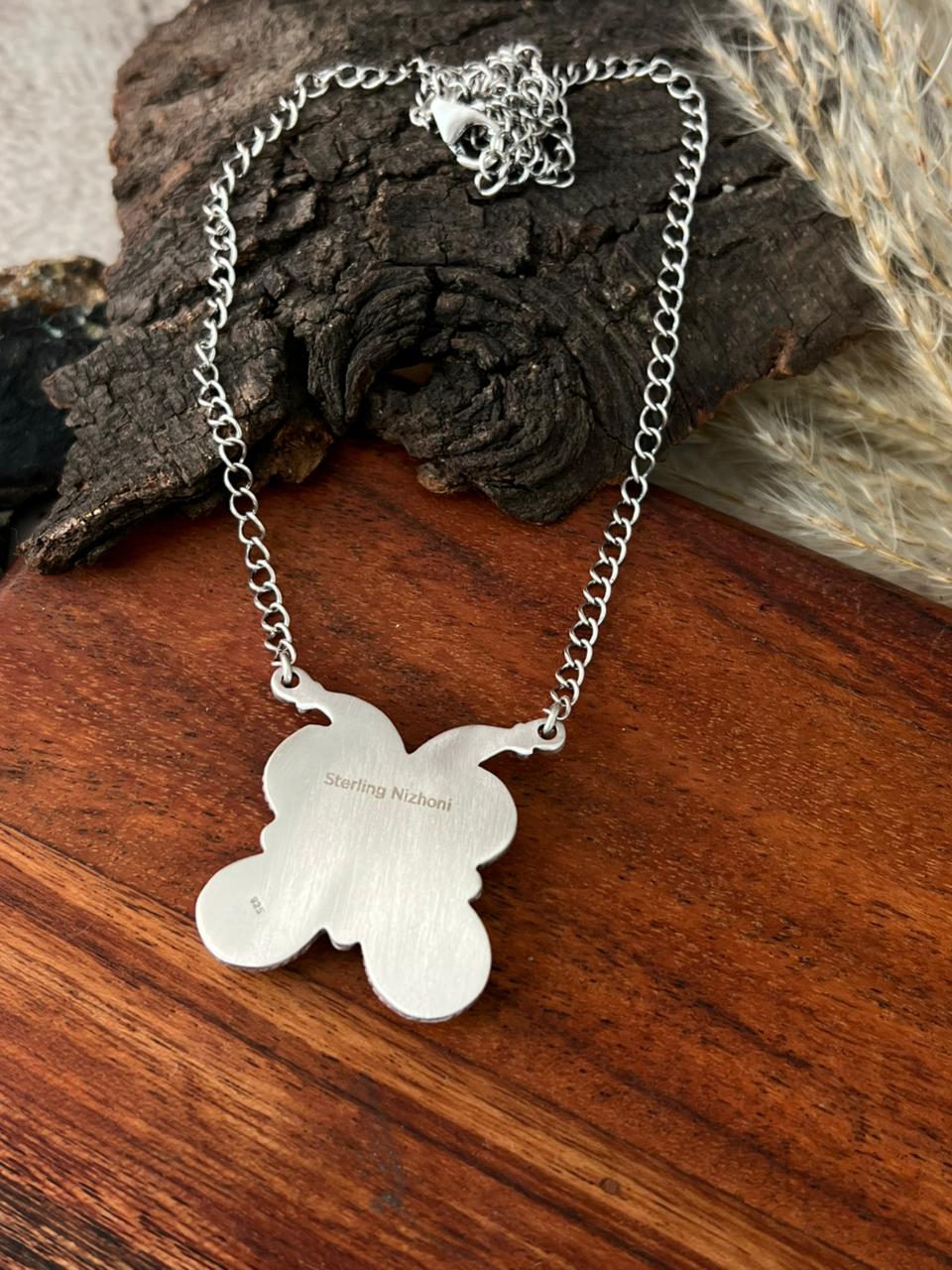 Handmade Sterling Silver White Water with Palomino Turquoise Butterfly Necklace "Signed Nizhoni"