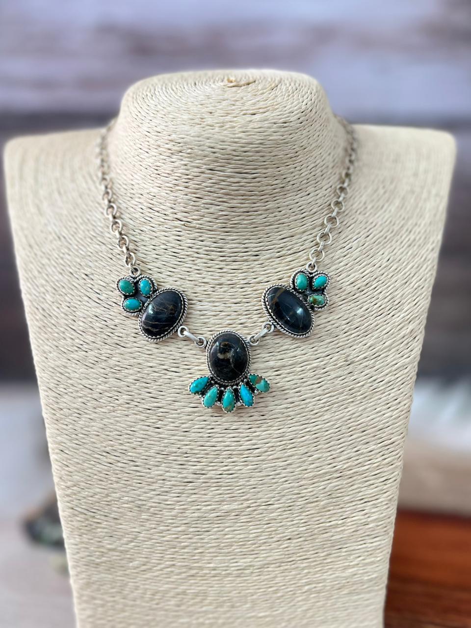 Handmade Sterling Silver Blackjack with Kingman Turquoise Necklace "Signed Nizhoni"