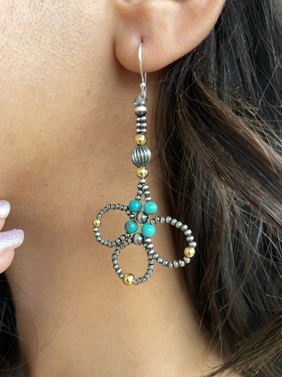 Handmade Sterling Silver Kingman Turquoise Hook Dangle Gold Beaded Earrings