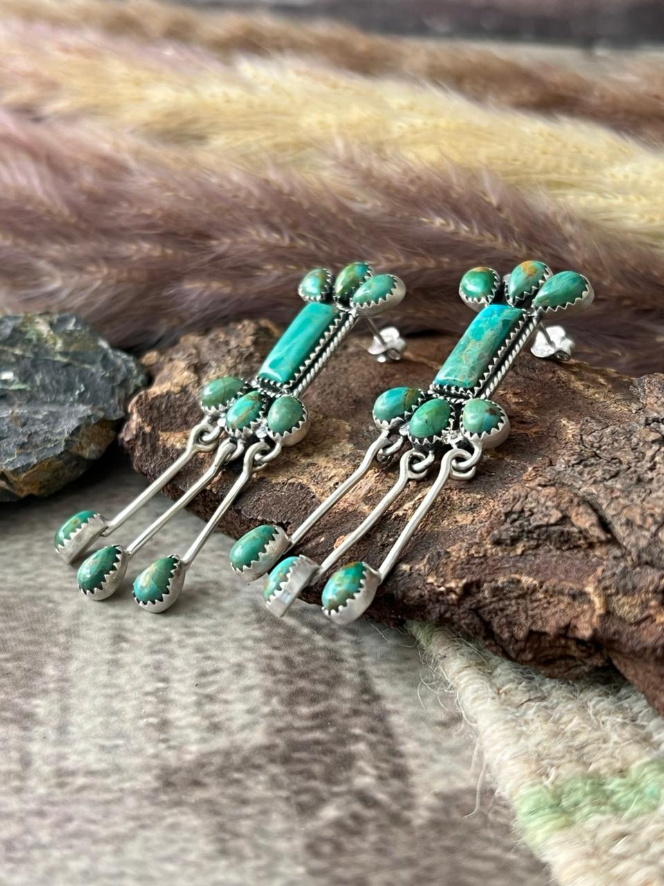 Handmade Sterling Silver Kingman Turquoise Post Dangle Earrings "Signed Nizhoni"