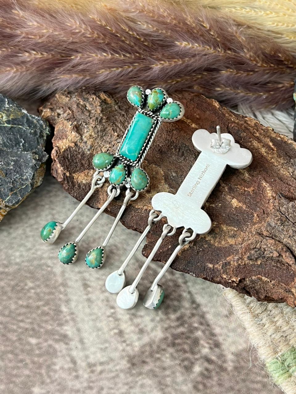 Handmade Sterling Silver Kingman Turquoise Post Dangle Earrings "Signed Nizhoni"
