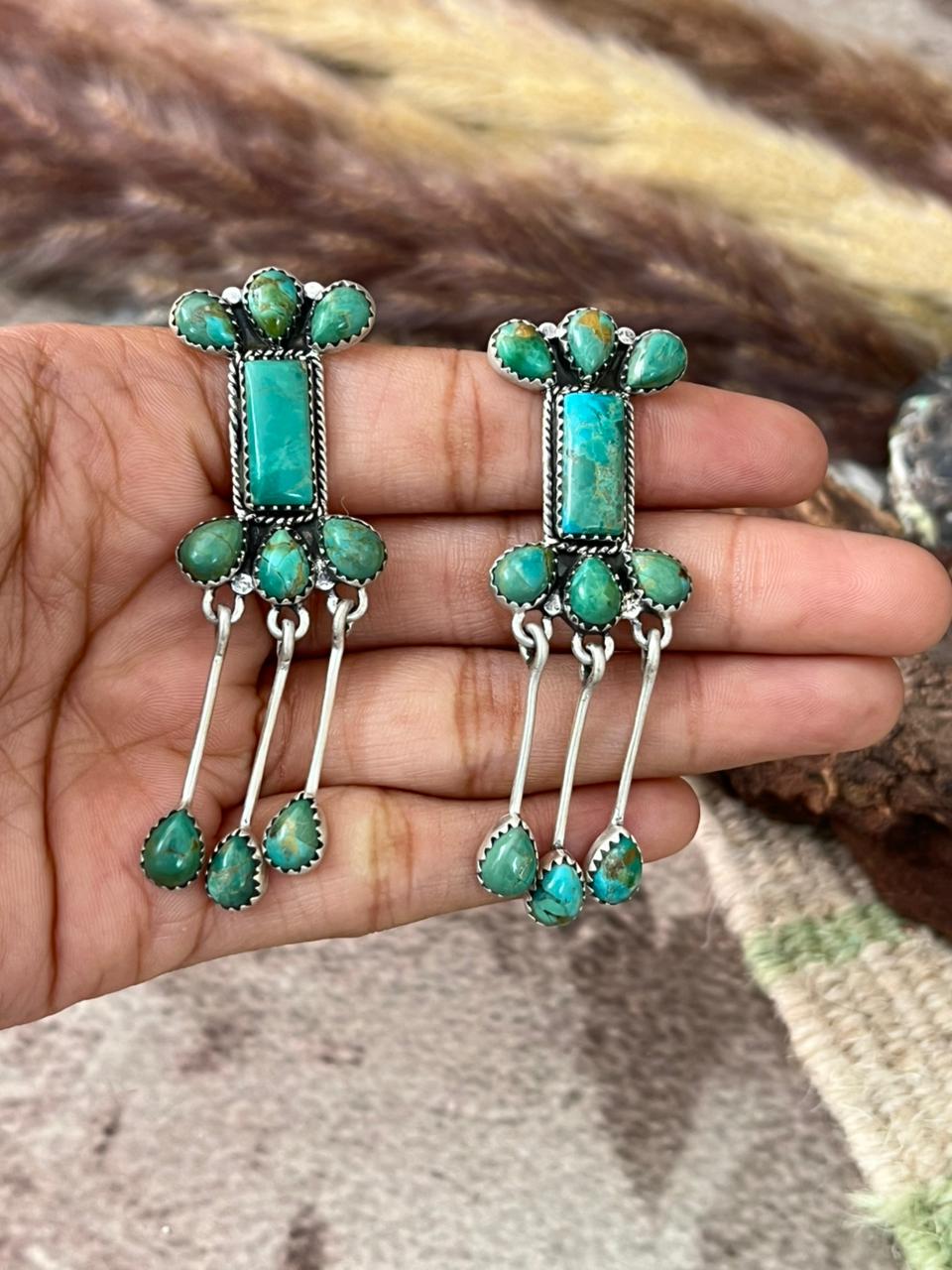 Handmade Sterling Silver Kingman Turquoise Post Dangle Earrings "Signed Nizhoni"