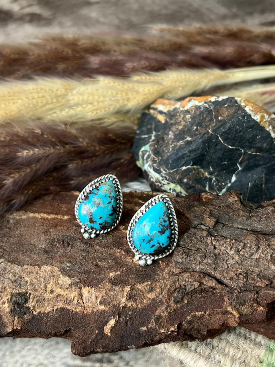 Handmade Sterling Silver Manassa Turquoise Collection: Post Studs Earrings "Signed Nizhoni"