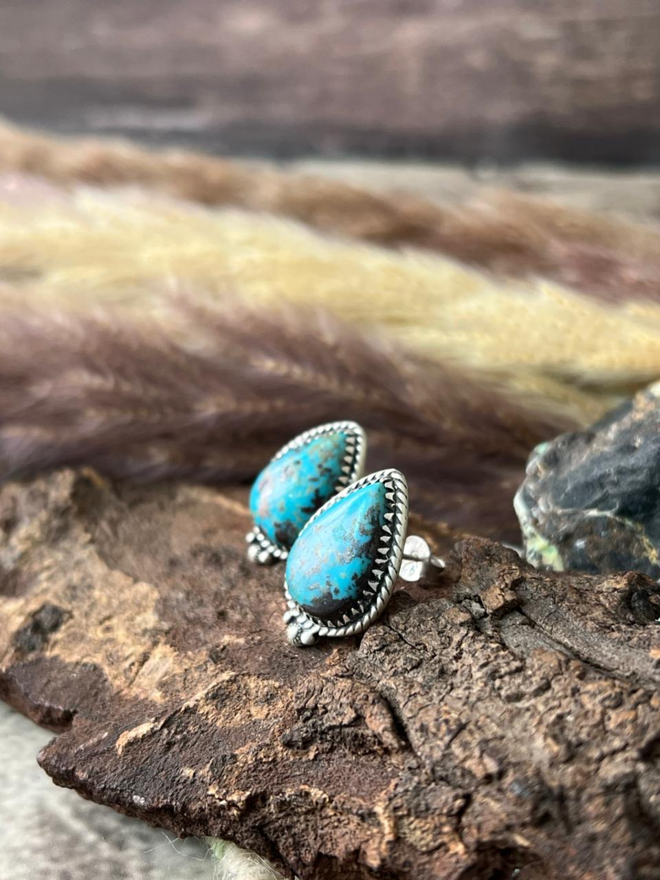 Handmade Sterling Silver Manassa Turquoise Collection: Post Studs Earrings "Signed Nizhoni"