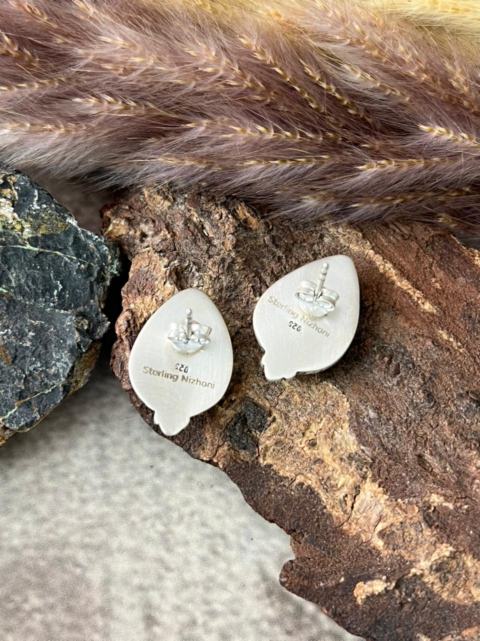 Handmade Sterling Silver Manassa Turquoise Collection: Post Studs Earrings "Signed Nizhoni"