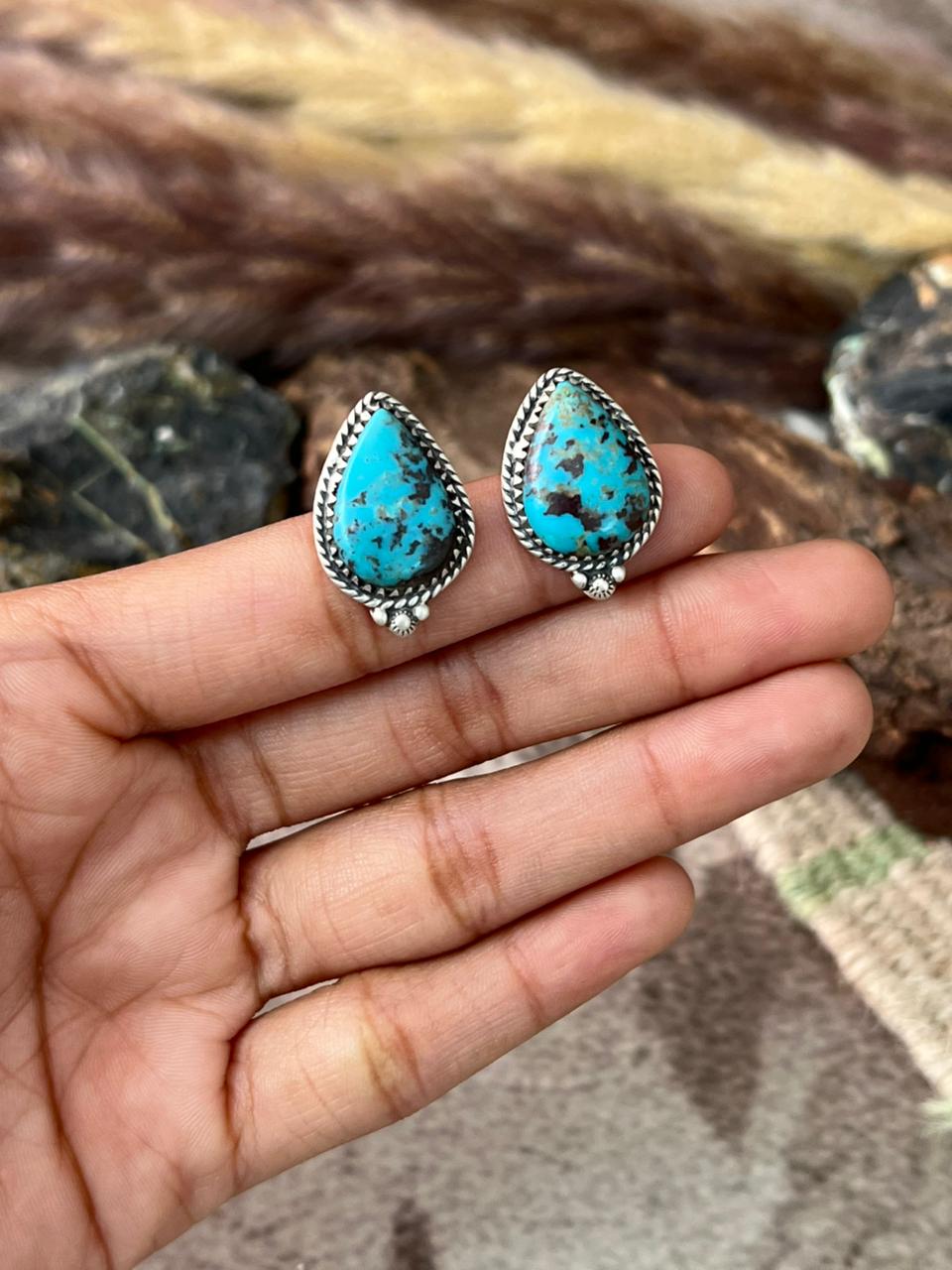 Handmade Sterling Silver Manassa Turquoise Collection: Post Studs Earrings "Signed Nizhoni"