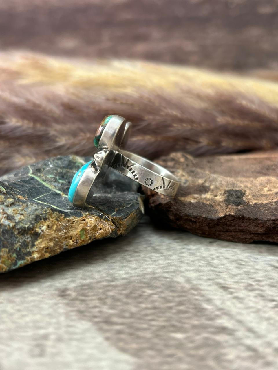 Handmade Sterling Silver Manassa Turquoise Collection: Adjustable Ring "Signed Nizhoni"