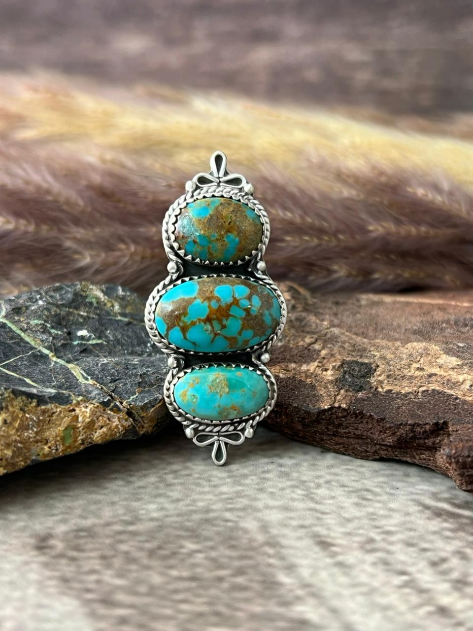 Handmade Sterling Silver Santa Maria Turquoise Adjustable Ring "Signed Nizhoni"