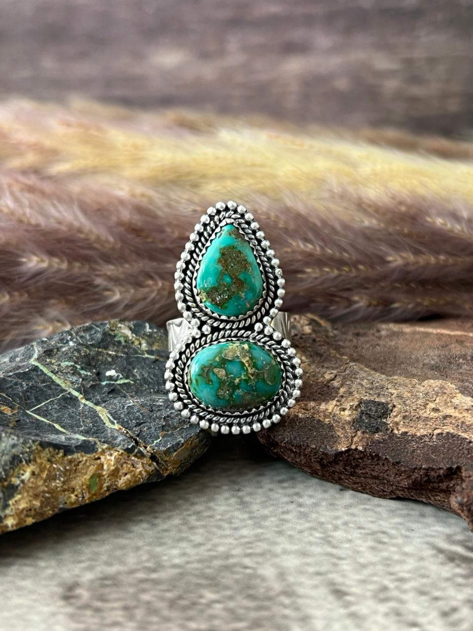 Handmade Sterling Silver Sonoran Mountain Turquoise Adjustable Ring "Signed Nizhoni"