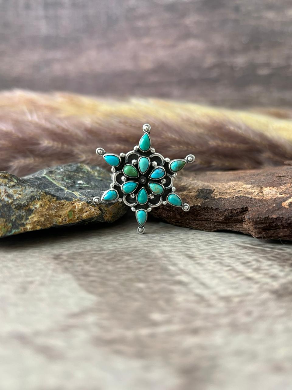 Handmade Sterling Silver Kingman Turquoise Adjustable Ring "Signed Nizhoni"