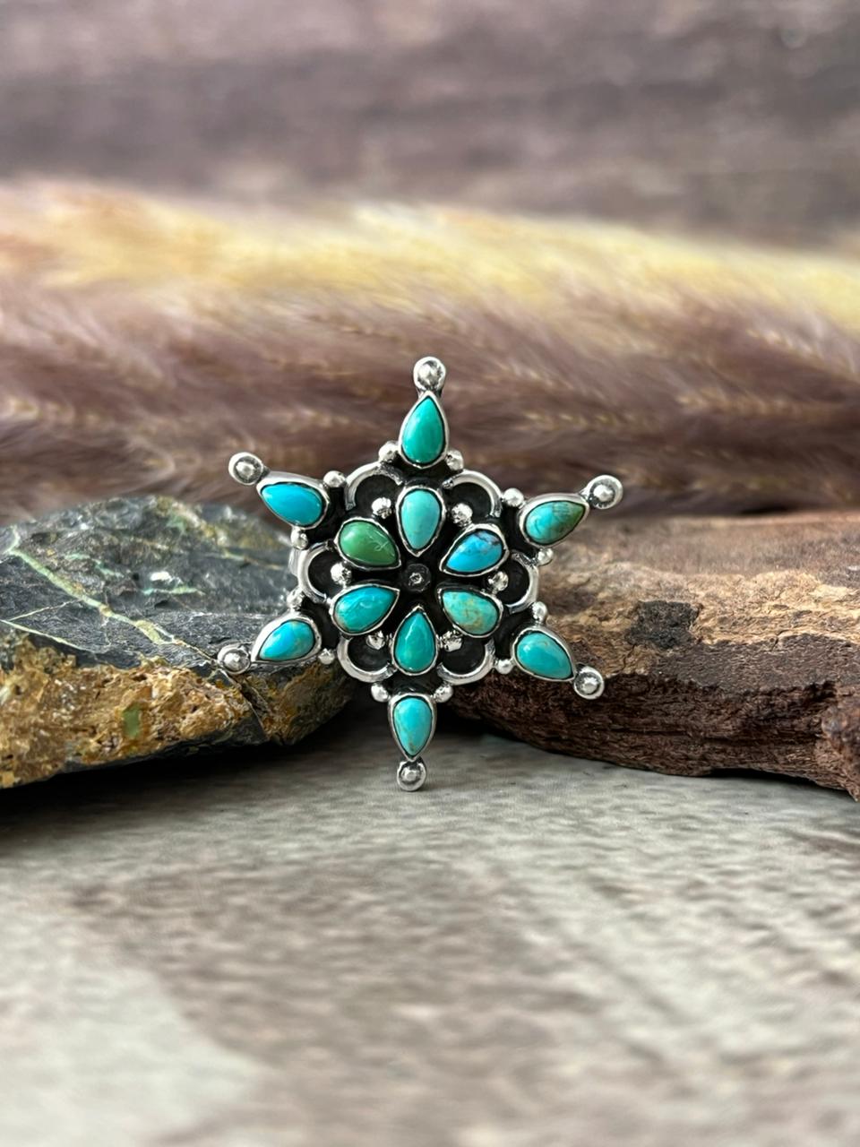 Handmade Sterling Silver Kingman Turquoise Adjustable Ring "Signed Nizhoni"