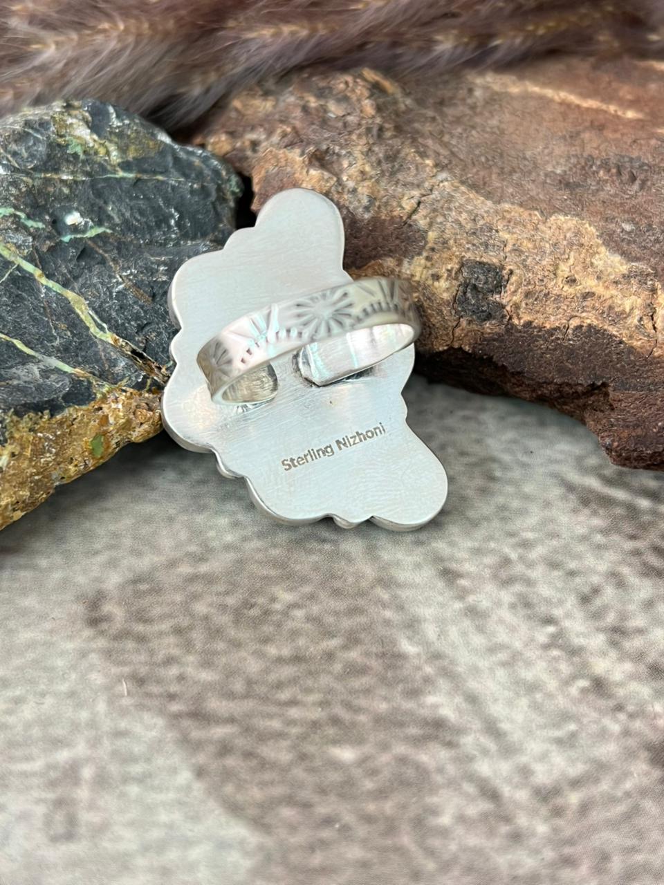 Handmade Sterling Silver Santa Maria Turquoise Adjustable Ring "Signed Nizhoni"